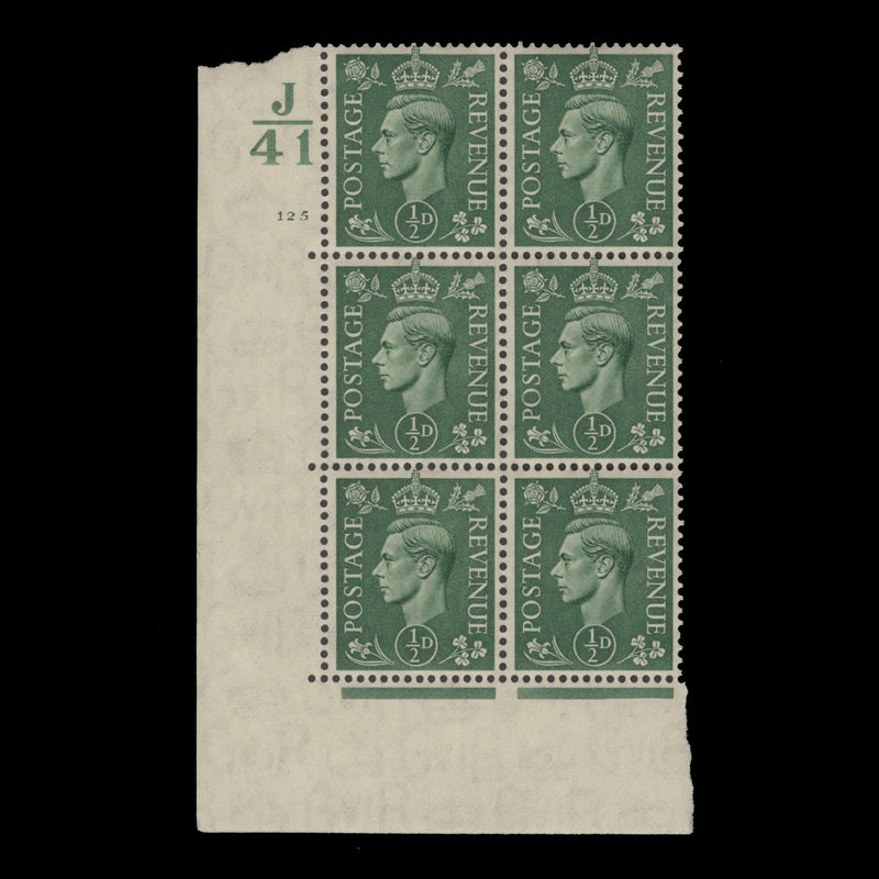 Great Britain 1941 (MNH) ½d Pale Green control J41, cylinder 125 block, perf E/I