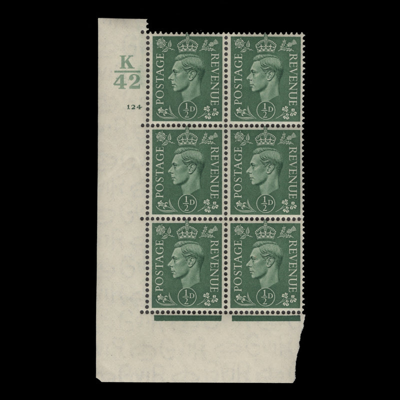 Great Britain 1941 (MNH) ½d Pale Green control K42, cylinder 124 block, perf E/I