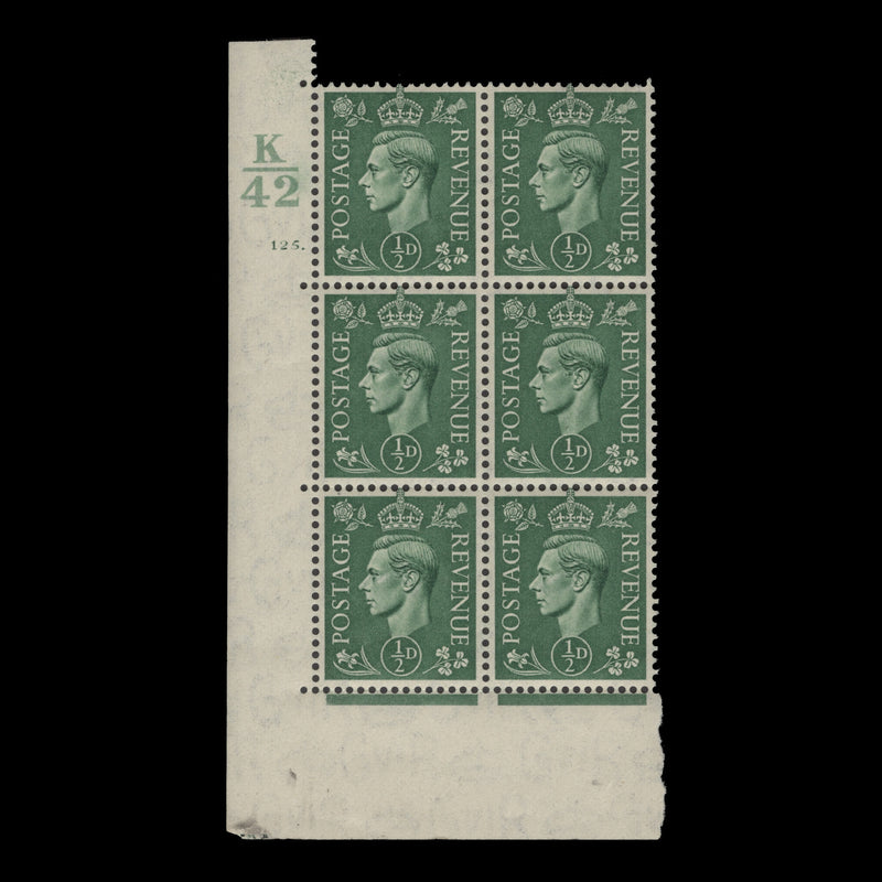 Great Britain 1941 (MNH) ½d Pale Green control K42, cylinder 125. block, perf E/I