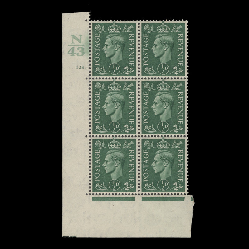 Great Britain 1941 (MNH) ½d Pale Green control N43, cylinder 128. block, perf E/I