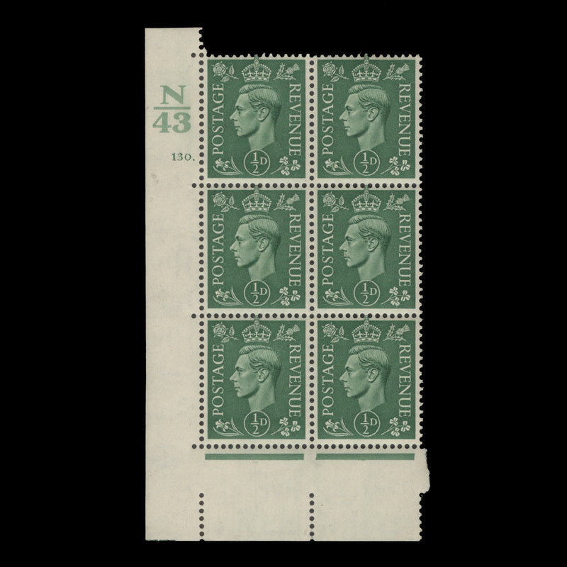 Great Britain 1941 (MNH) ½d Pale Green control N43, cylinder 130. block, perf E/I