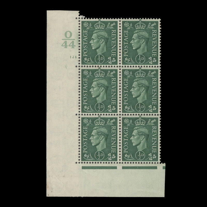 Great Britain 1941 (MNH) ½d Pale Green control O44, cylinder 128 block, perf E/I