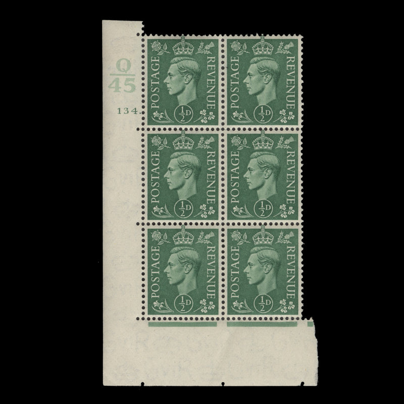 Great Britain 1941 (MNH) ½d Pale Green control Q45, cylinder 134. block, perf E/I