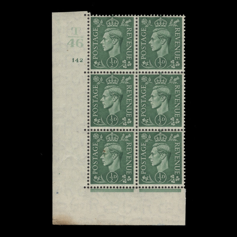 Great Britain 1941 (MNH) ½d Pale Green control T46, cylinder 142 block, perf E/I