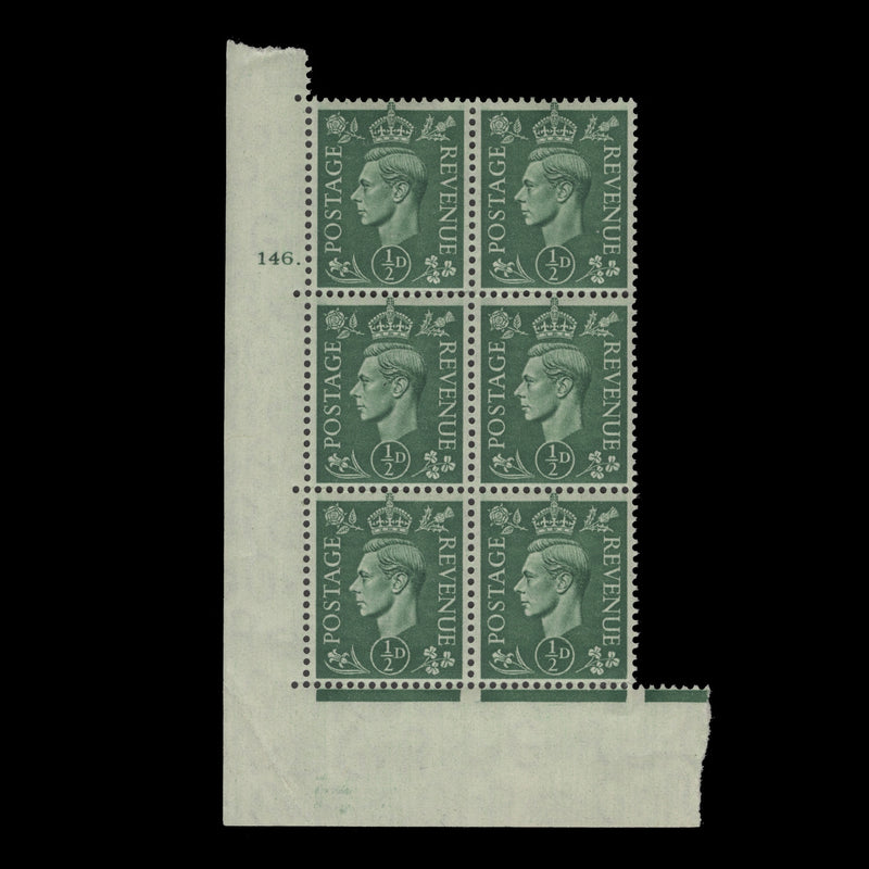 Great Britain 1941 (MNH) ½d Pale Green no control, cylinder 146. block, perf E/I
