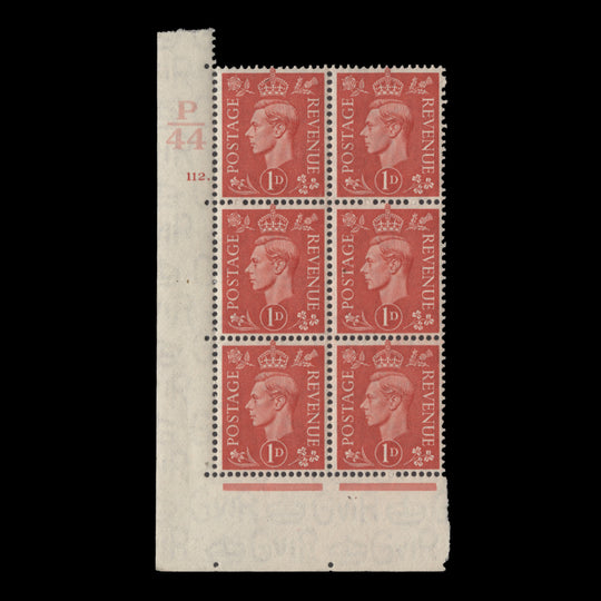 Great Britain 1941 (MNH) 1d Pale Scarlet control P44, cylinder 112. block, perf E/I