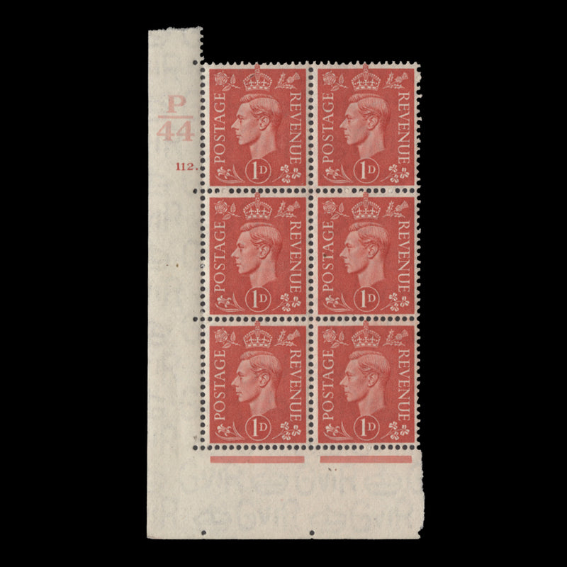 Great Britain 1941 (MNH) 1d Pale Scarlet control P44, cylinder 112. block, perf E/I