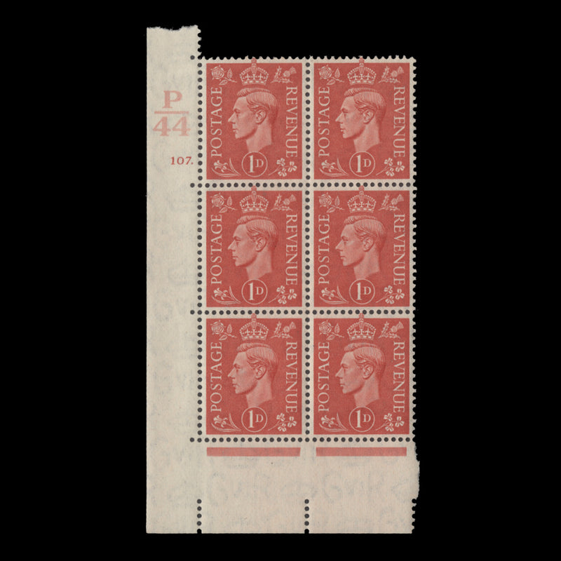 Great Britain 1941 (MNH) 1d Pale Scarlet control P44, cylinder 107. block, perf E/I