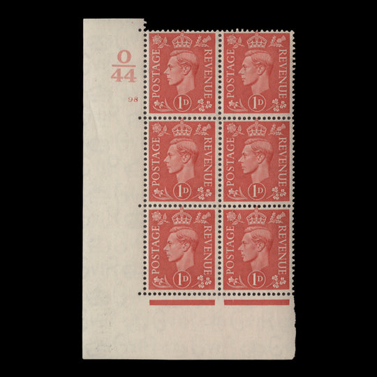 Great Britain 1941 (MNH) 1d Pale Scarlet control O44, cylinder 98 block, perf E/I