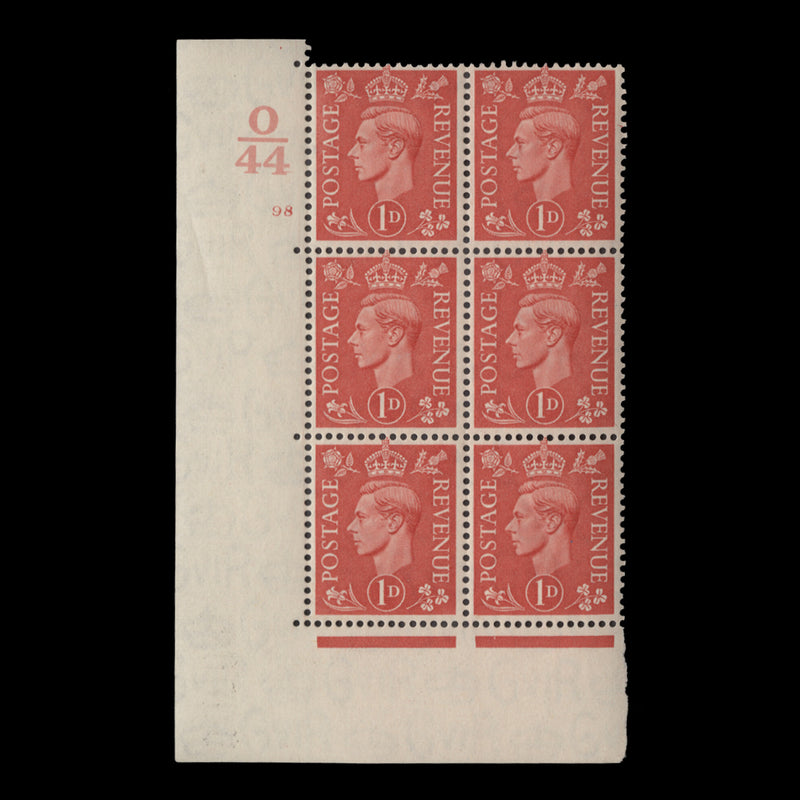 Great Britain 1941 (MNH) 1d Pale Scarlet control O44, cylinder 98 block, perf E/I