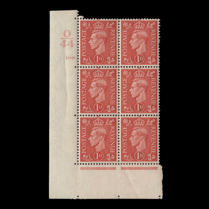 Great Britain 1941 (MNH) 1d Pale Scarlet control O44, cylinder 100 block, perf E/I