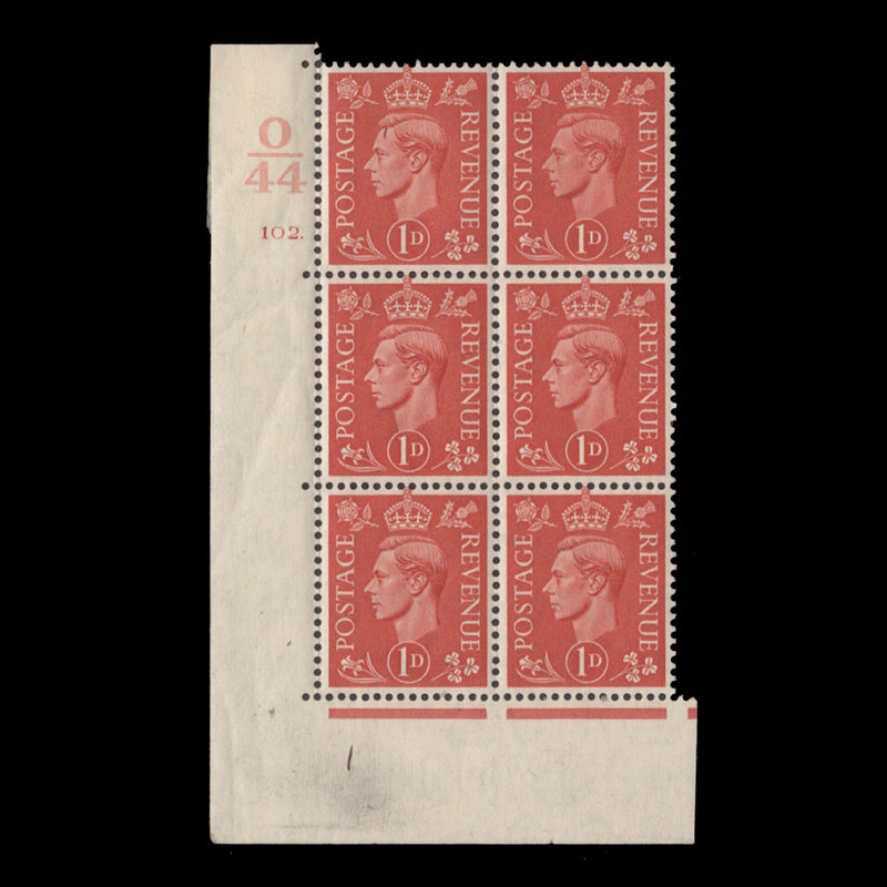 Great Britain 1941 (MNH) 1d Pale Scarlet control O44, cylinder 102. block, perf E/I