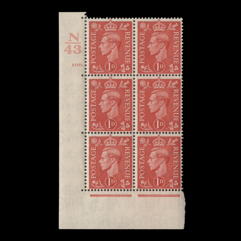 Great Britain 1941 (MNH) 1d Pale Scarlet control N43, cylinder 100. block, perf E/I