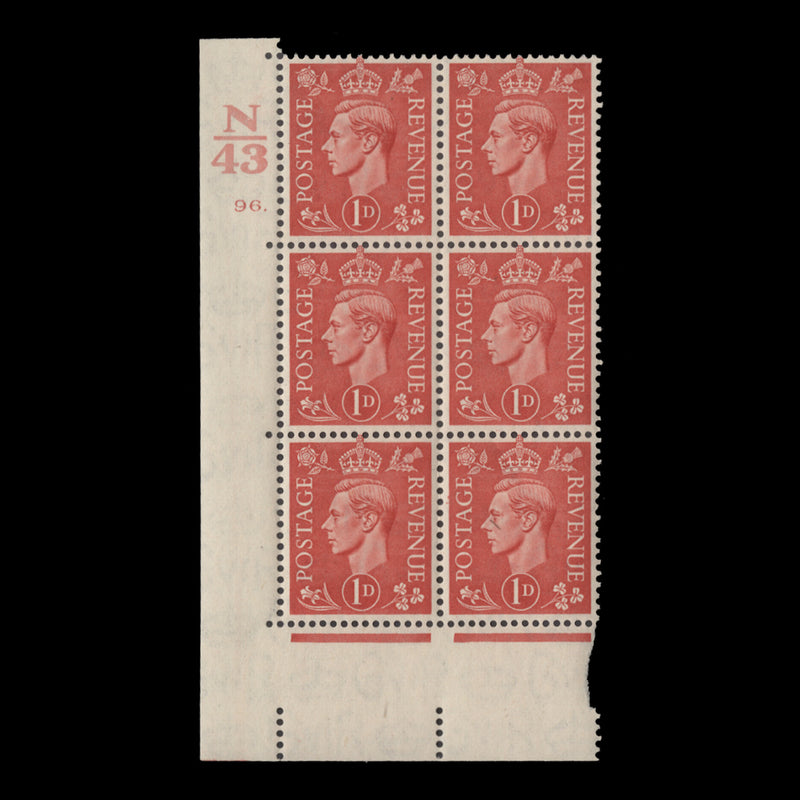 Great Britain 1941 (MNH) 1d Pale Scarlet control N43, cylinder 96. block, perf E/I