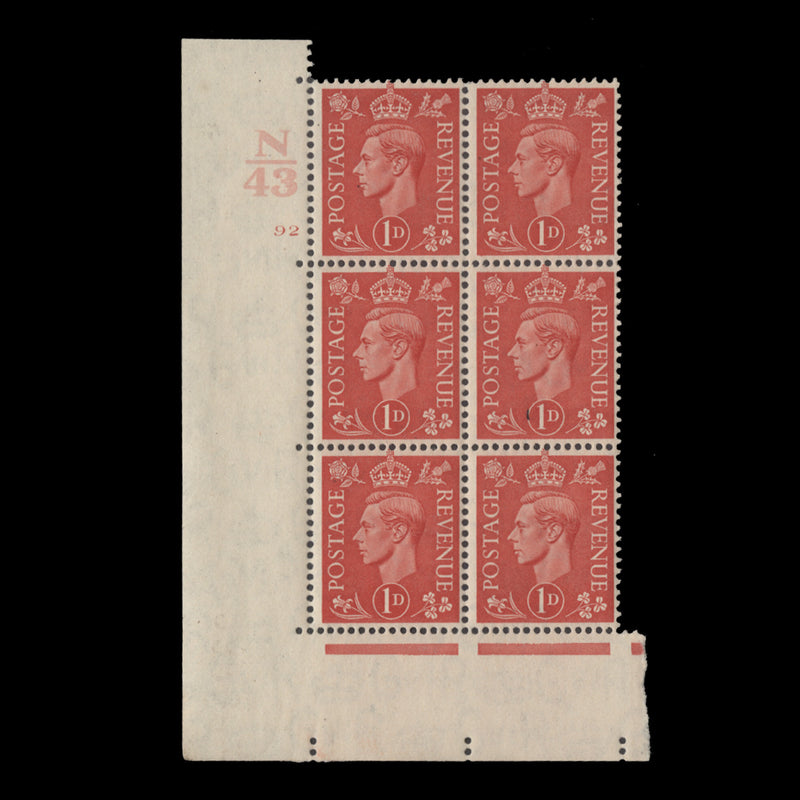 Great Britain 1941 (MNH) 1d Pale Scarlet control N43, cylinder 92 block, perf E/I