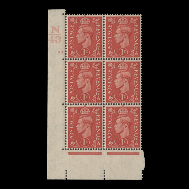 Great Britain 1941 (MNH) 1d Pale Scarlet control N43, cylinder 92. block, perf E/I