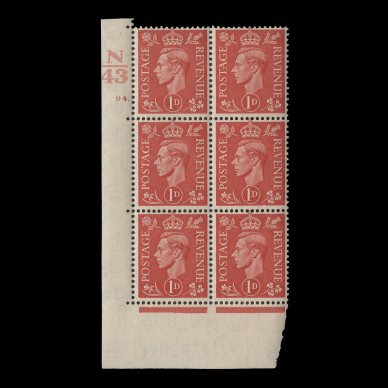 Great Britain 1941 (MNH) 1d Pale Scarlet control N43, cylinder 94. block, perf E/I
