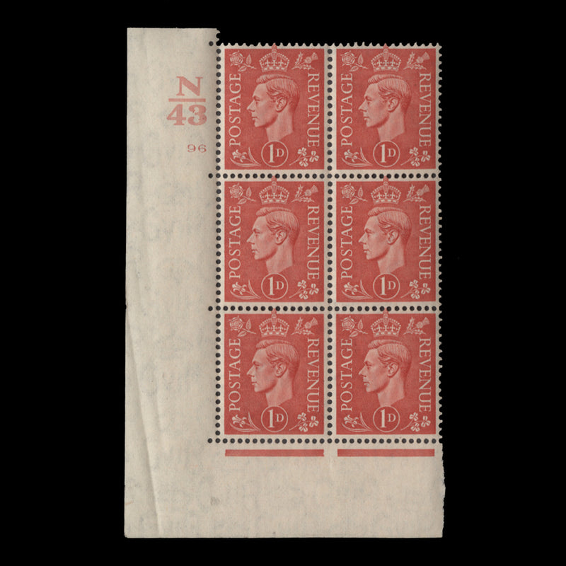 Great Britain 1941 (MNH) 1d Pale Scarlet control N43, cylinder 96 block, perf E/I