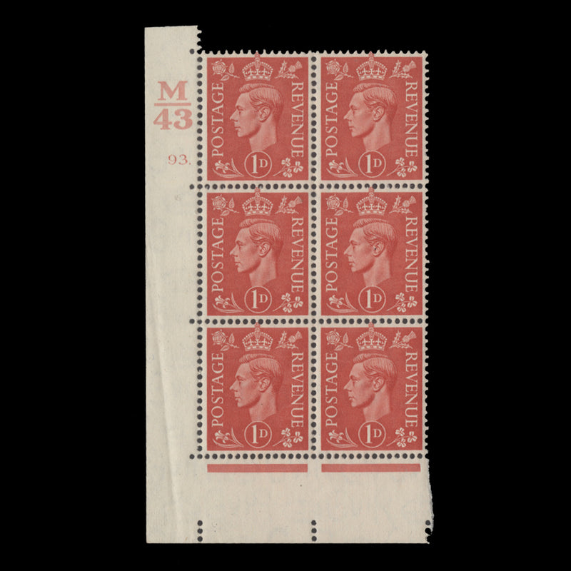 Great Britain 1941 (MNH) 1d Pale Scarlet control M43, cylinder 93. block, perf E/I