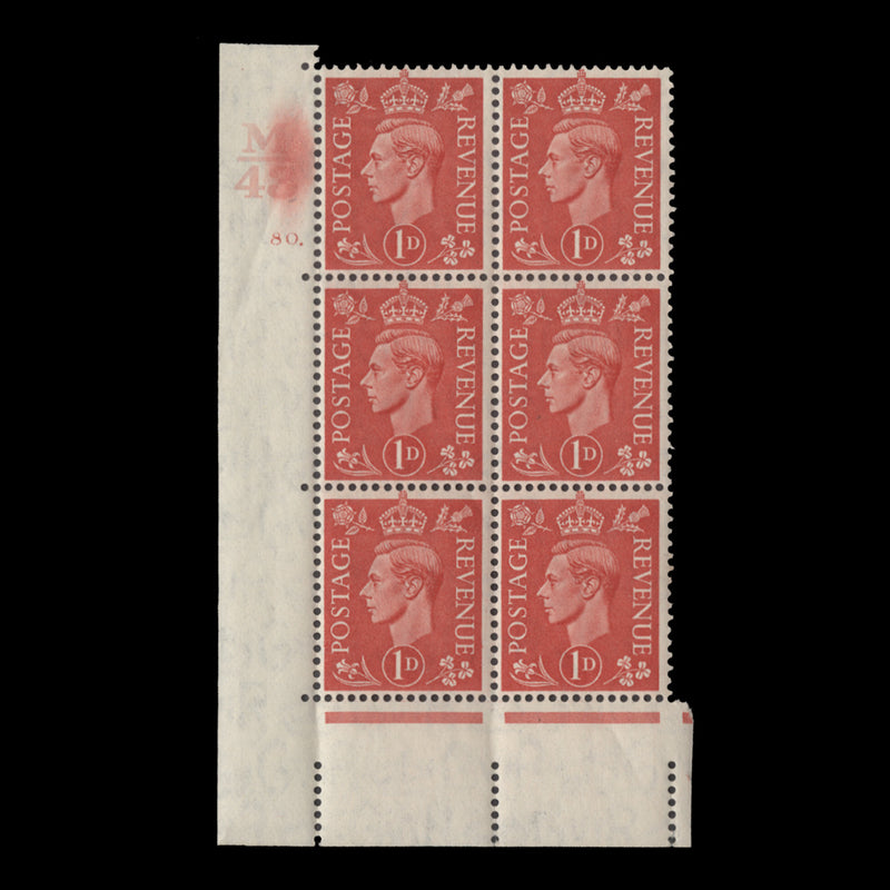 Great Britain 1941 (MNH) 1d Pale Scarlet control M43, cylinder 80. block, perf E/I