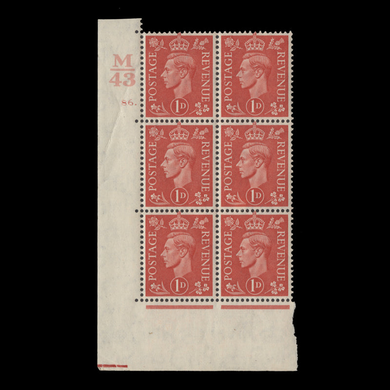 Great Britain 1941 (MNH) 1d Pale Scarlet control M43, cylinder 86. block, perf E/I