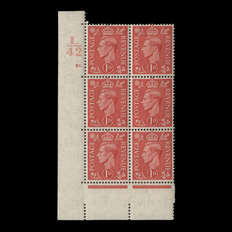 Great Britain 1941 (MNH) 1d Pale Scarlet control L42, cylinder 81. block, perf E/I