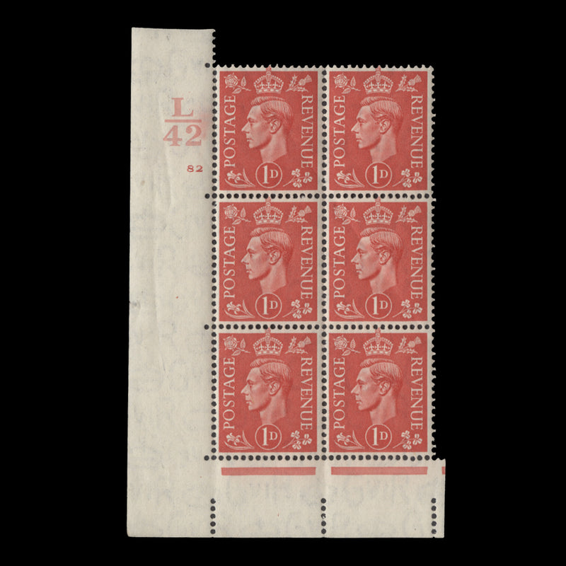 Great Britain 1941 (MNH) 1d Pale Scarlet control L42, cylinder 82 block, perf E/I