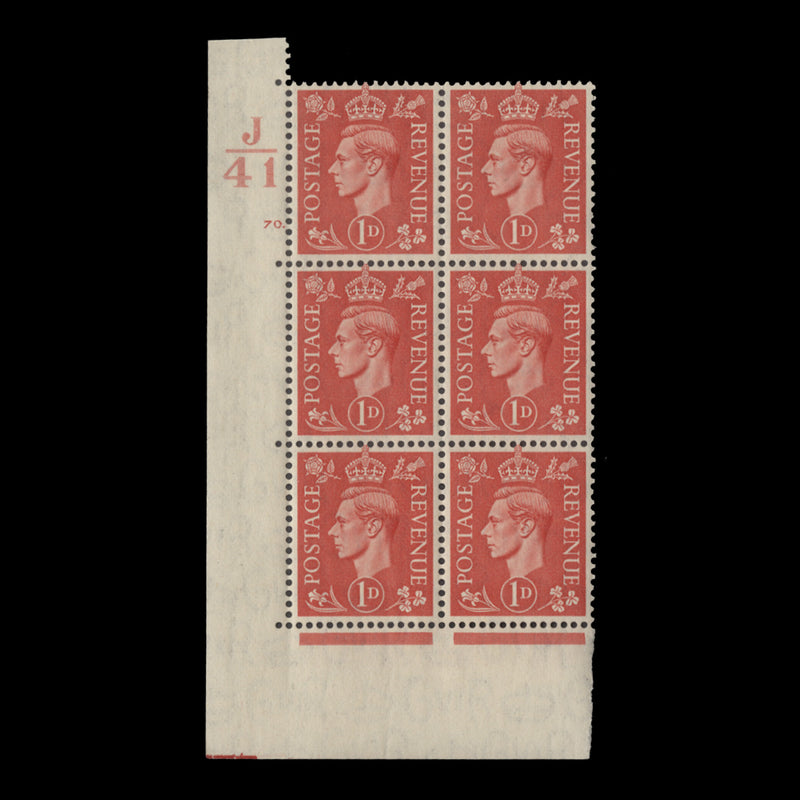 Great Britain 1941 (MNH) 1d Pale Scarlet control J41, cylinder 70. block, perf E/I