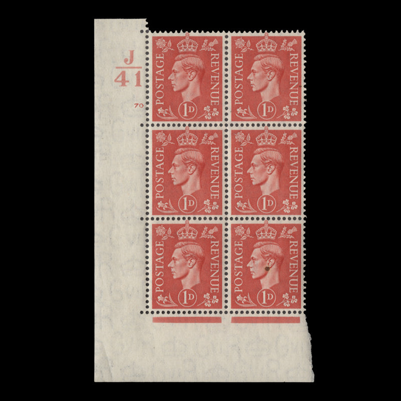 Great Britain 1941 (MNH) 1d Pale Scarlet control J41, cylinder 70 block, perf E/I