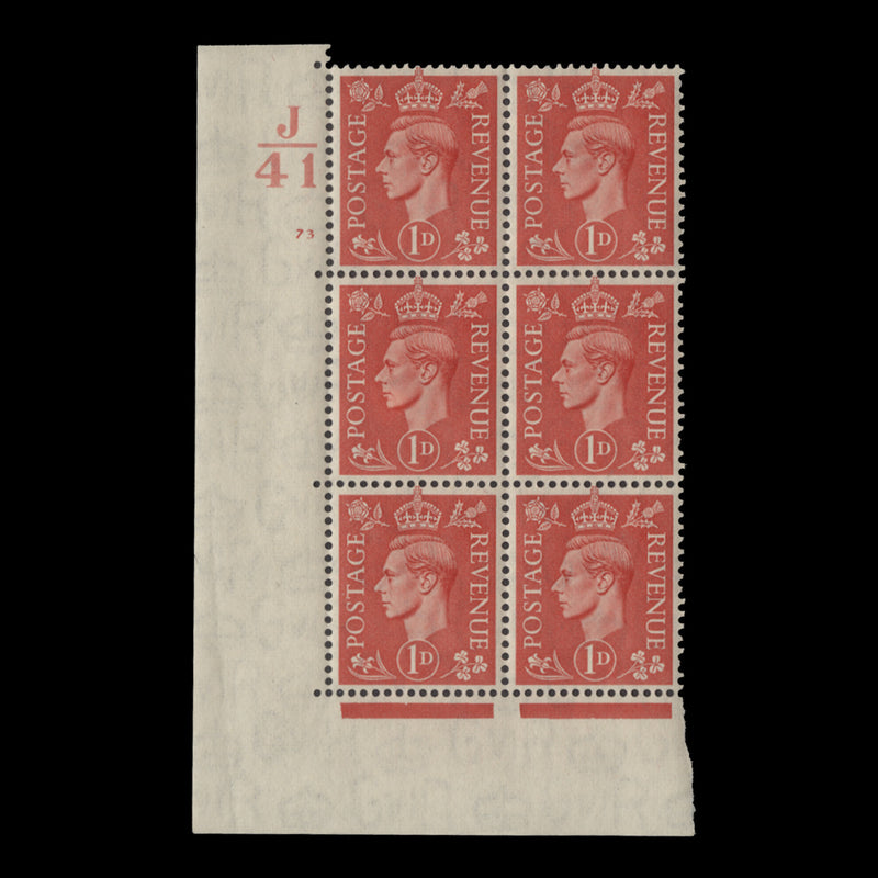 Great Britain 1941 (MNH) 1d Pale Scarlet control J41, cylinder 73 block, perf E/I