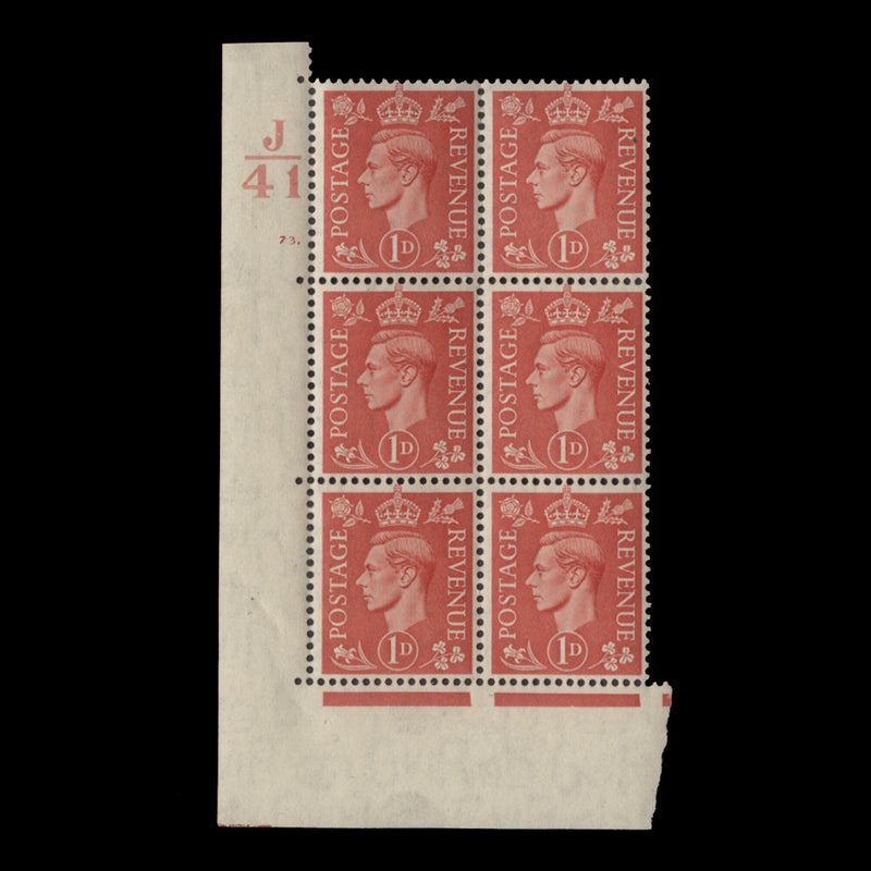 Great Britain 1941 (MNH) 1d Pale Scarlet control J41, cylinder 73. block, perf E/I