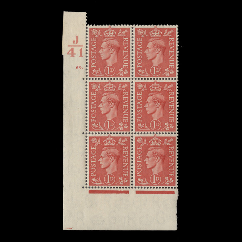 Great Britain 1941 (MNH) 1d Pale Scarlet control J41, cylinder 69. block, perf E/I