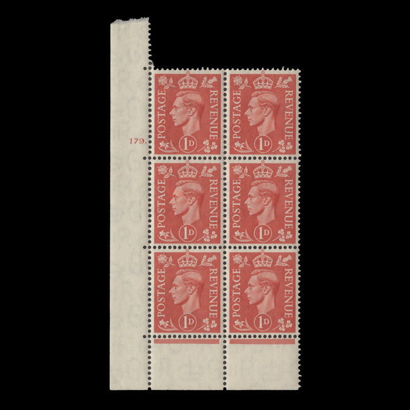 Great Britain 1941 (MNH) 1d Pale Scarlet no control, cylinder 179. block, perf E/P