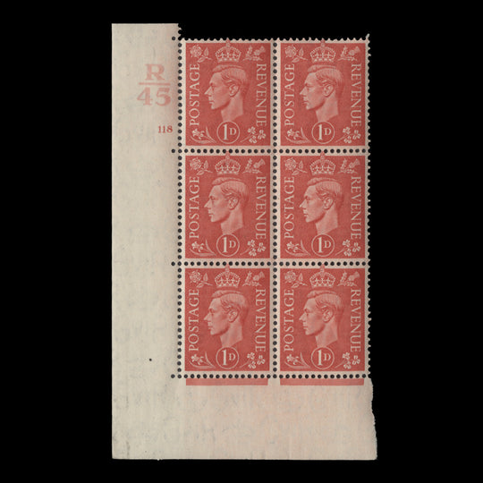 Great Britain 1941 (MNH) 1d Pale Scarlet control R45, cylinder 118 block, perf E/I