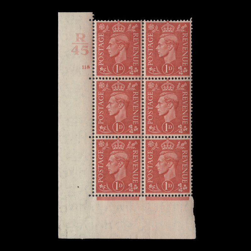 Great Britain 1941 (MNH) 1d Pale Scarlet control R45, cylinder 118 block, perf E/I