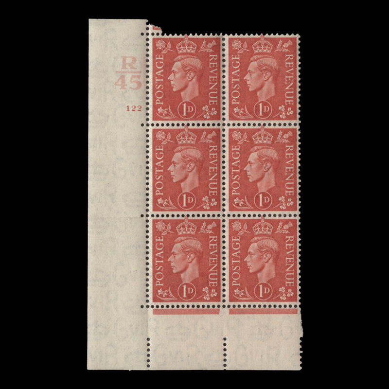 Great Britain 1941 (MNH) 1d Pale Scarlet control R45, cylinder 122 block, perf E/I