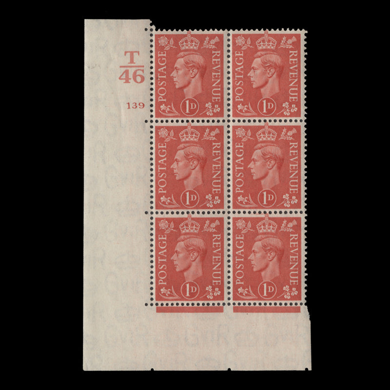 Great Britain 1941 (MNH) 1d Pale Scarlet control T46, cylinder 139 block, perf E/I