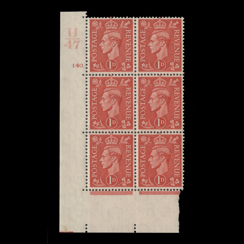 Great Britain 1941 (MNH) 1d Pale Scarlet control U47, cylinder 140. block, perf E/I