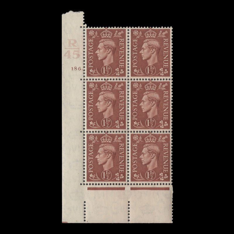 Great Britain 1942 (MNH) 1½d Pale Red-Brown control R45, cylinder 186. block, perf E/I