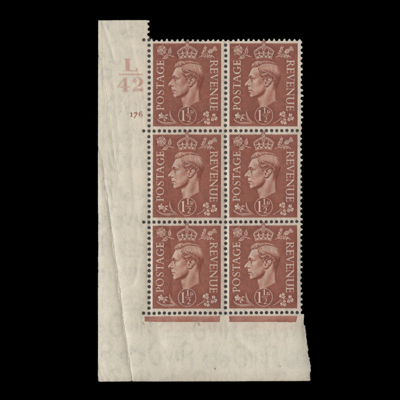 Great Britain 1942 (MNH) 1½d Pale Red-Brown control L42, cylinder 176 block, perf E/I