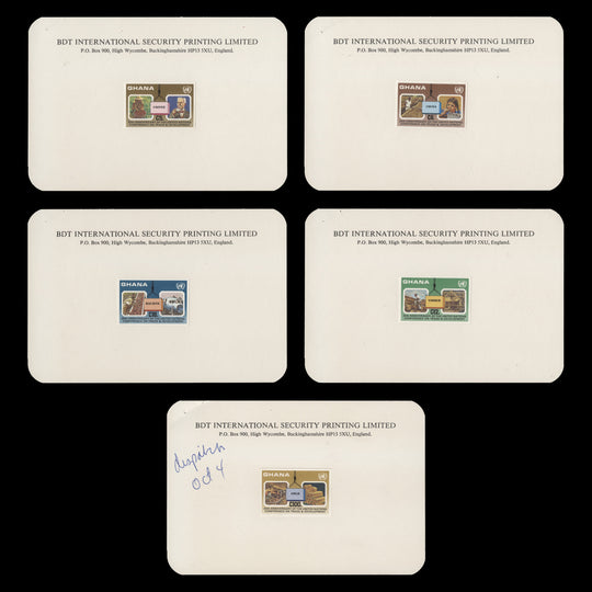 Ghana 1985 UN Conference imperf proof singles on presentation cards