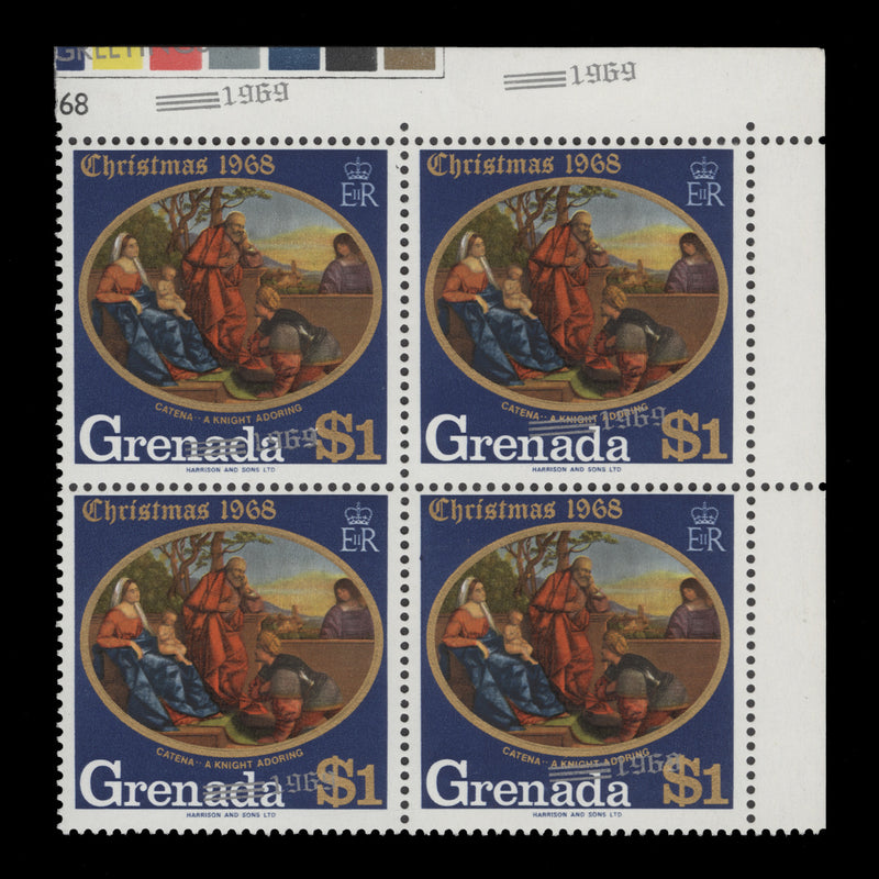 Grenada 1969 (Variety) $1 Christmas block with silver overprint shift