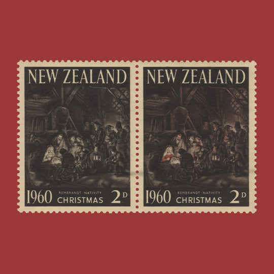 New Zealand 1960 (Variety) 2d Christmas pair with red missing from left stamp