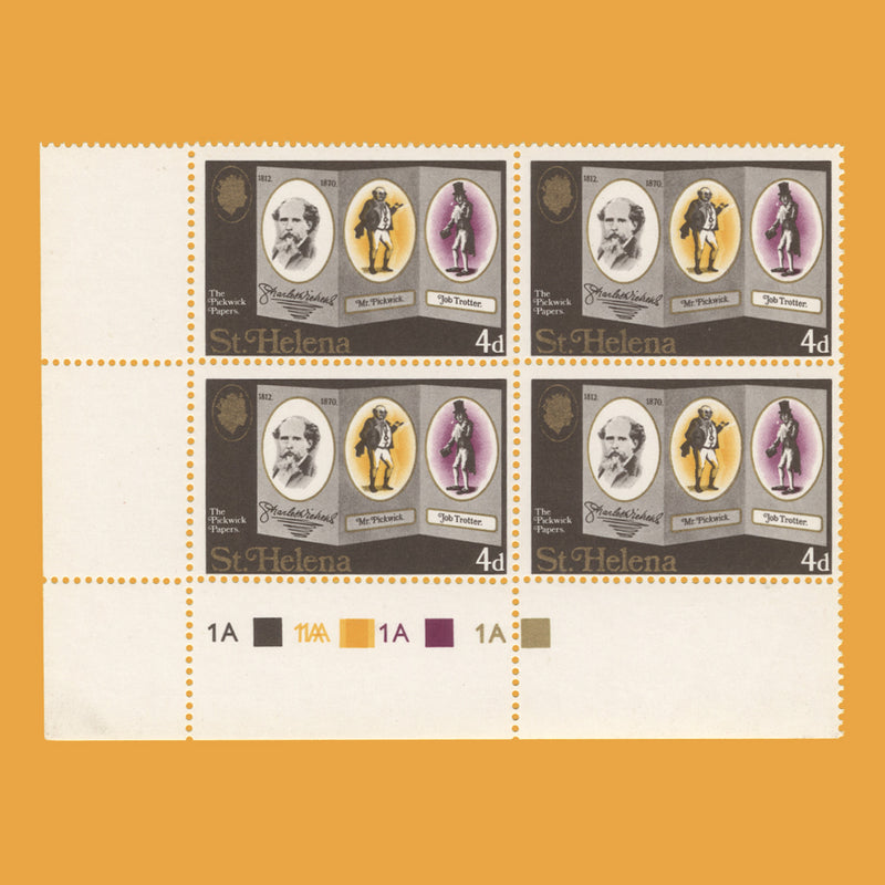 Saint Helena 1970 (Variety) 4d Dickens Centenary plate block with yellow double