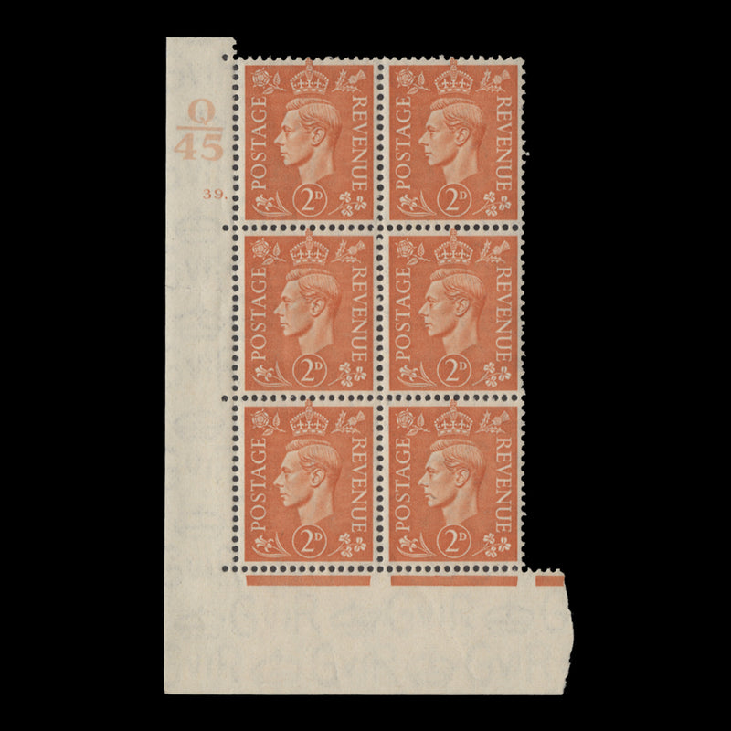 Great Britain 1941 (MNH) 2d Pale Orange control Q45, cylinder 39. block, perf E/I