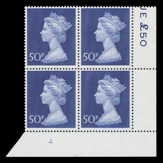 Great Britain 1970 (MNH) 50p Deep Ultramarine plate 4 block