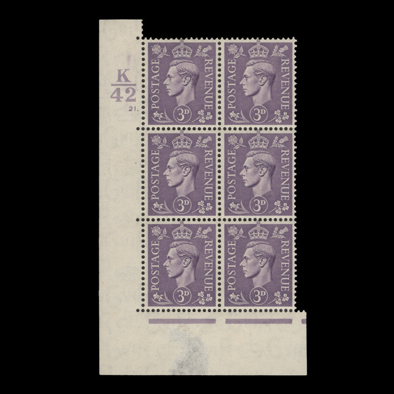 Great Britain 1941 (MNH) 3d Pale Violet control K42, cylinder 21. block, perf E/I
