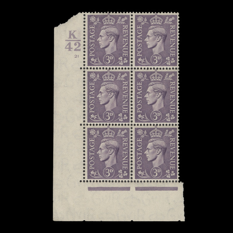 Great Britain 1941 (MNH) 3d Pale Violet control K42, cylinder 21 block, perf E/I