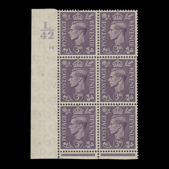 Great Britain 1941 (MNH) 3d Pale Violet control L42, cylinder 22 block, perf I/P