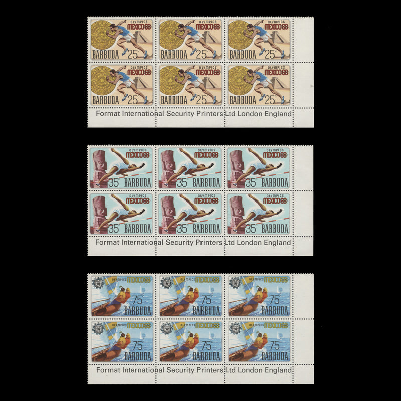 Barbuda 1968 (MNH) Olympic Games, Mexico imprint blocks